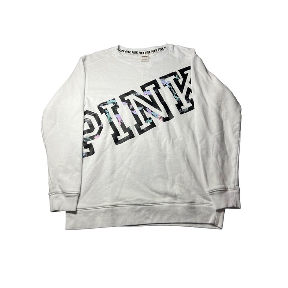 Victorias Secret Pink GRAPHIC Triumph White Pullover‎ SLOUCHY CAMPUS CREW XS - Picture 1 of 7